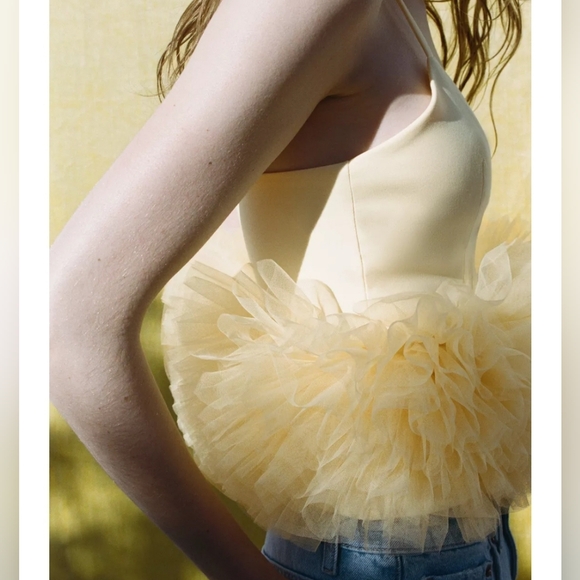Zara Tops - 💛🆕️Zara XS Yellow Stretch Tulle Ruffle Hem Crop Top 4772/005
